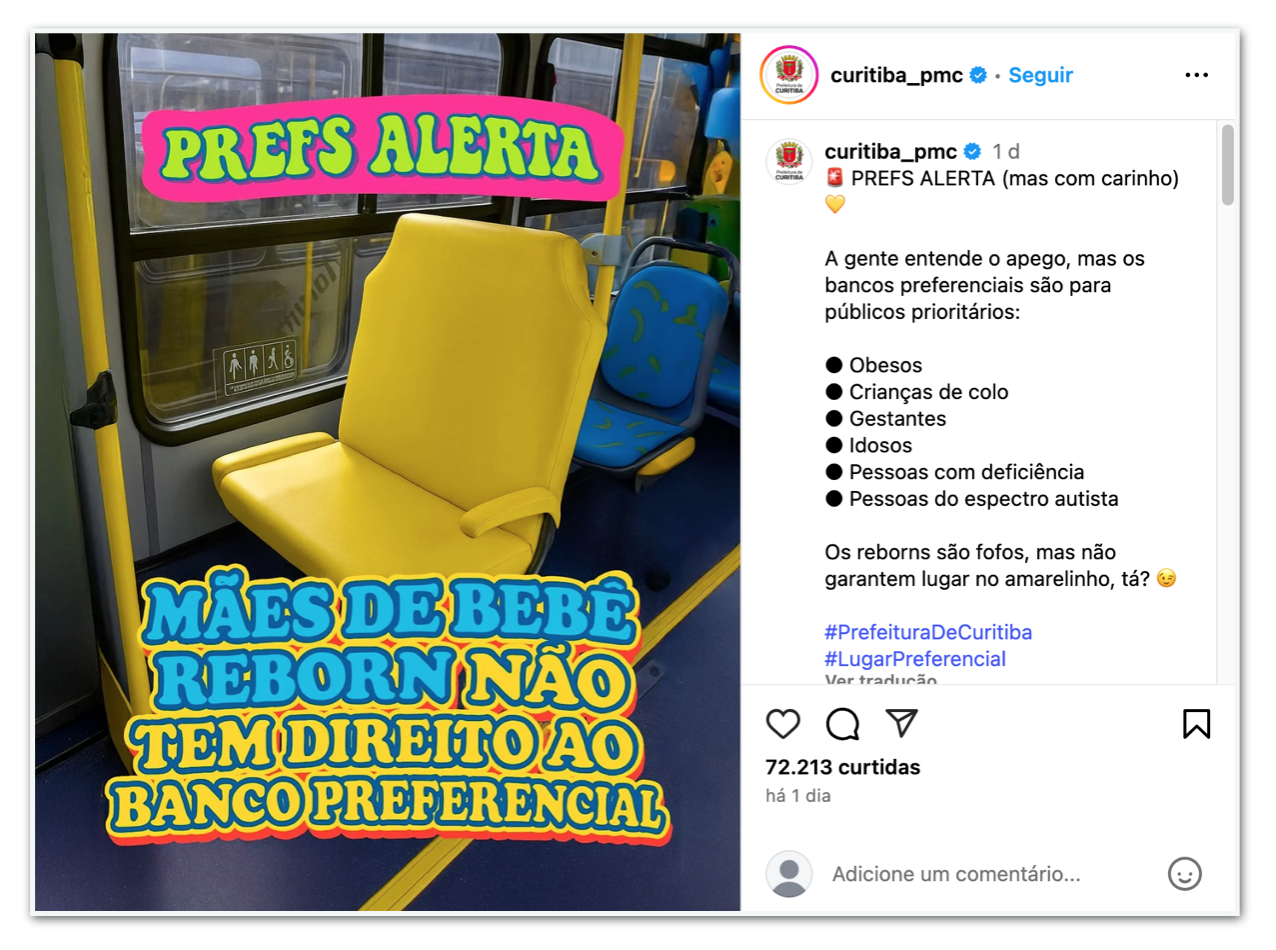 Prefeitura de Curitiba alerta: bonecas reborn não garantem assento preferencial nos ônibus